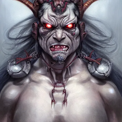 Image similar to portrait, cyberpunk japanese oni demon with horns, stern expression, long hair, highly detailed, digital painting, artstation, concept art, smooth, sharp focus, illustration, artgerm, tomasz alen kopera, peter mohrbacher, donato giancola, joseph christian leyendecker, wlop, frank frazetta