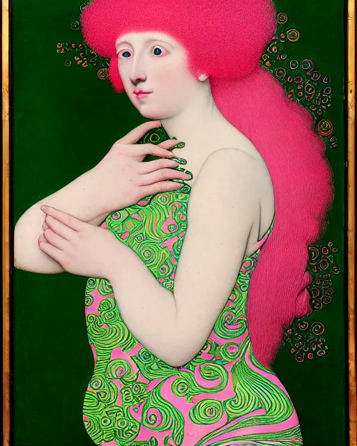 Prompt: portrait of a young pale woman with pink hair, wearing a neon green dress, intricate details, super-flat, in the style of James Jean, Jean Auguste Dominique Ingres, Gustav Klimt, black background