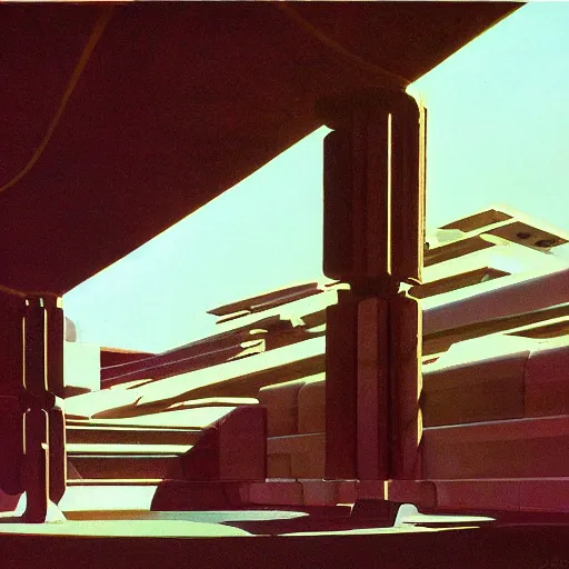 Prompt: painting of a scifi ancient civilzation victorian, brutalist architecture, syd mead