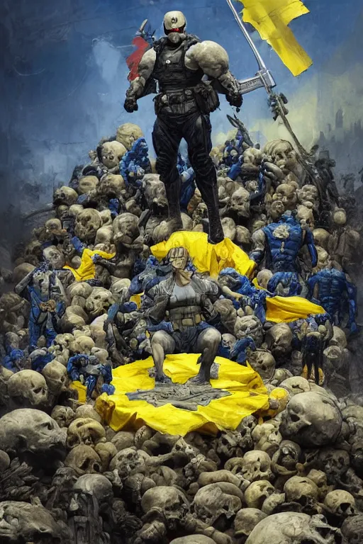 Prompt: A super soldier with a Ukrainian blue and yellow flag is standing on a pile of skulls, Call of Duty, marvel comics, dark, intricate, highly detailed, smooth, artstation, digital illustration by Ruan Jia and Mandy Jurgens and Artgerm and Wayne Barlowe and Greg Rutkowski and Frank Frazetta