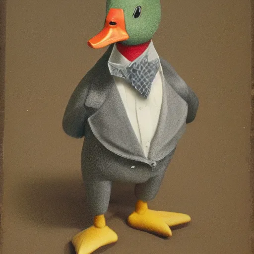 Image similar to a high detail photo of an antropomorphic duck wearing a suit, subject= duck, subject detail: wearing a suit, photorealism