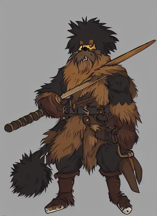 Image similar to bugbear ranger, black beard, dungeons and dragons, hunters gear, flames, character design on white background, by studio ghibli, makoto shinkai