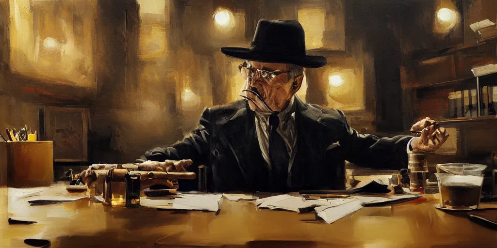 Image similar to abstract oil matte portrait painting, mafia boss smoking a cigar at his 5 0 s new york office desk, wonderful masterpiece highly detailed, beautiful cinematic light deep focus, elegant, digital painting, smooth, sharp focus, golden ratio, dramatic illumination, ultra realistic, 8 k, art by jimmy law