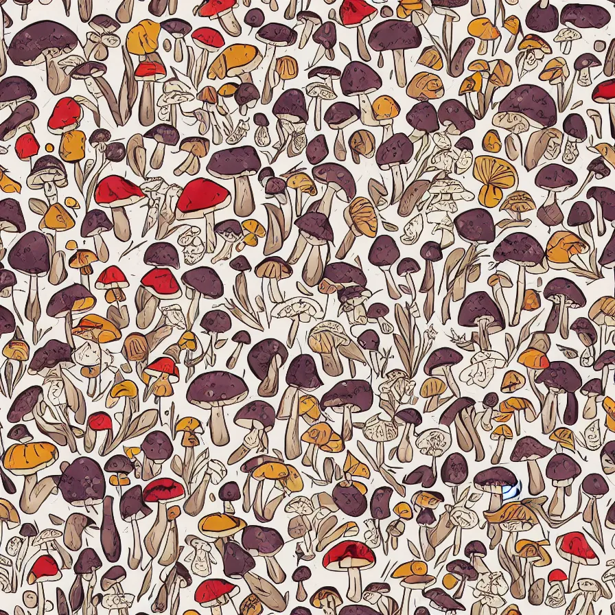 Image similar to plethora of mushroom characters and mycelium, natural colors and natural surroundings, painted patterns and coloring on mushrooms, seamless fabric pattern 8K, highly detailed.