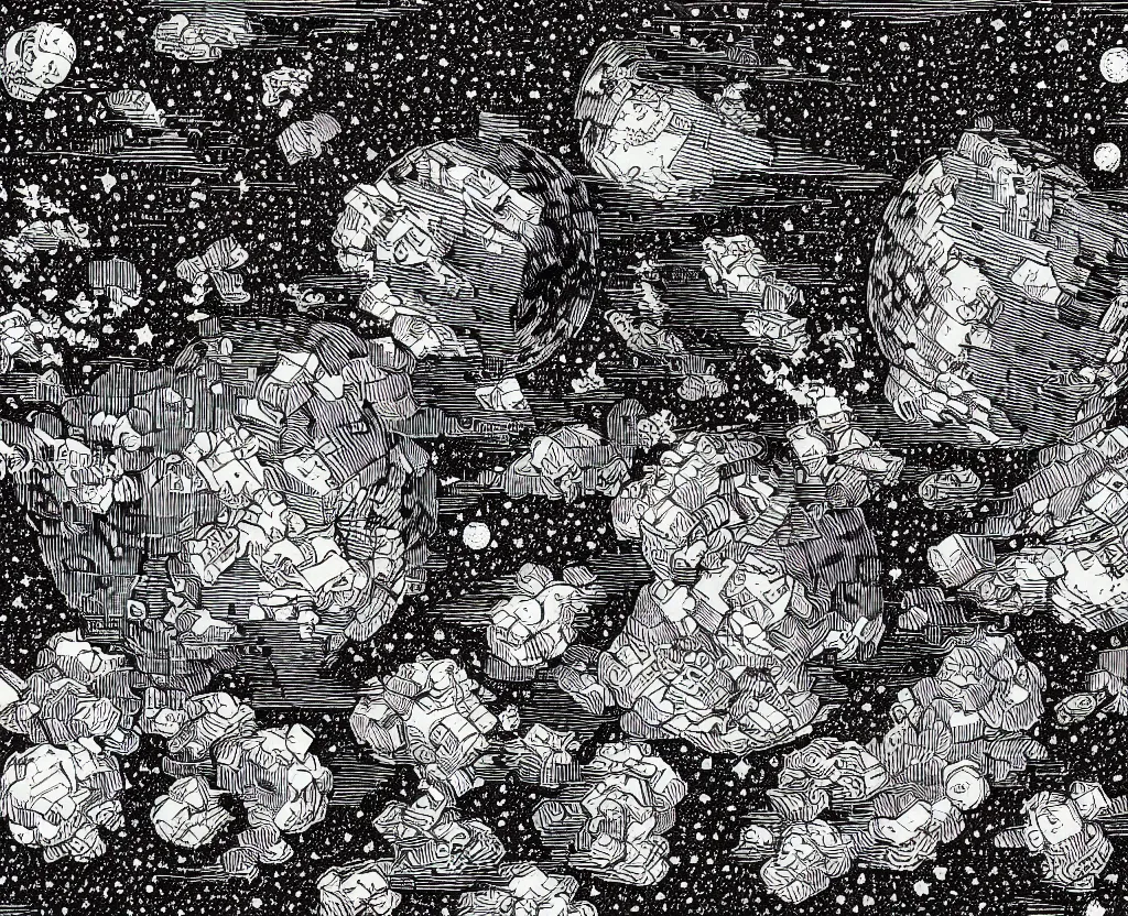 Prompt: Beautiful isometric print of a Minecraft Block geometric Lego Brick Asteroid in outer space in the style of Albrecht Durer and Martin Schongauer and Hokusai, high contrast!! finely carved woodcut engraving black and white crisp edges