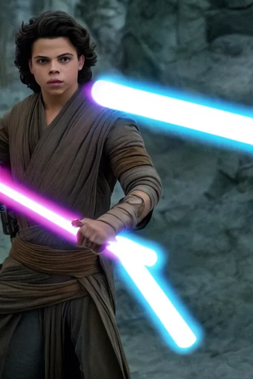 Image similar to jake t. austin as a jedi in star wars the rise of skywalker, 3 5 mm photography, highly detailed, cinematic lighting, standing pose, holding lightsaber 4 k