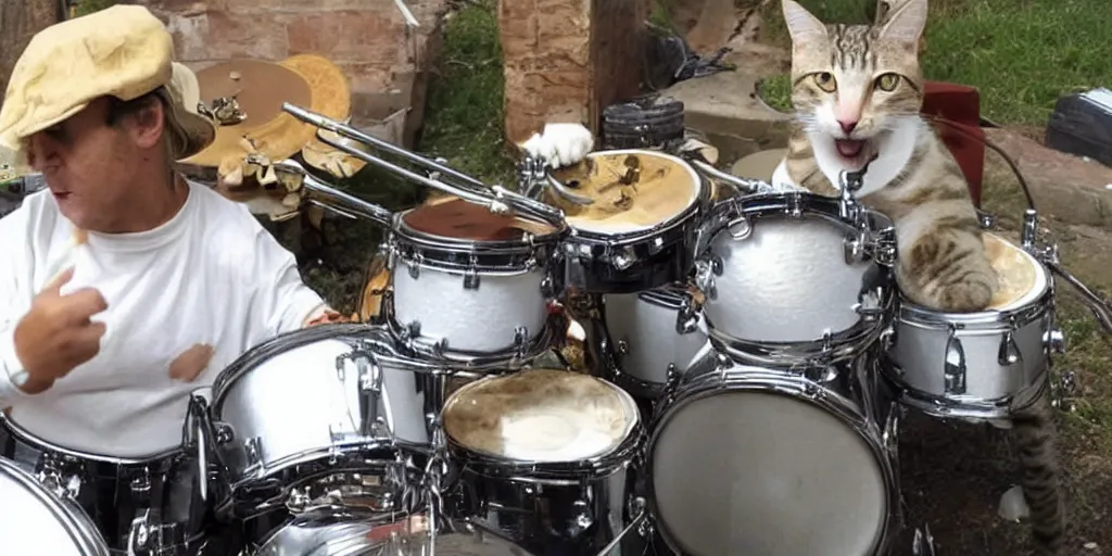 Prompt: a photo of a cat playing drums ironically and funny, meme ba da cha, joke punchline