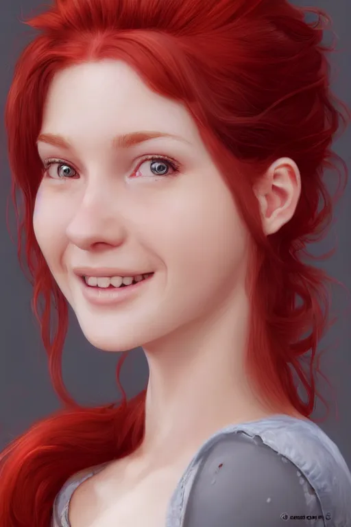 Image similar to ultra realistic style illustration of a cute red haired young woman smiling, 1 9 year old, headshot, sci - fi, fantasy, intricate, elegant, digital painting, artstation, concept art, smooth, sharp focus, illustration, 8 k frostbite 3 engine, ultra detailed, art by artgerm and greg rutkowski and magali villeneuve