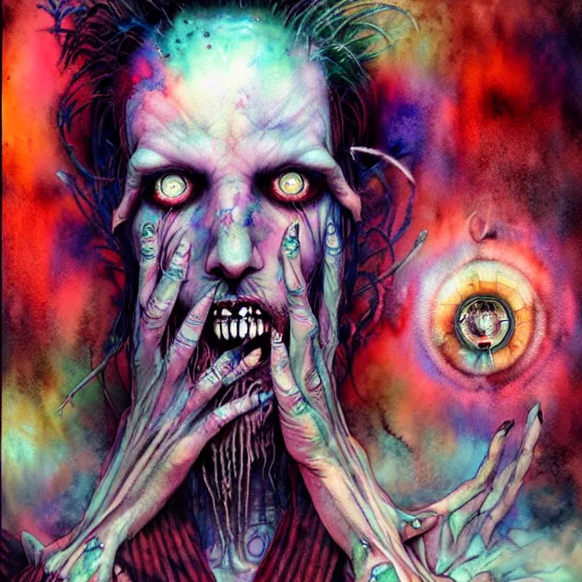 Prompt: complex symmetrical watercolor, spiritual horror lsd art in muted colors, disturbing grunge still of a lovecraftian demon infested guy flirting with you, by arthur adams, by tom bagshaw, by henry asencio, by kikuchi hideyuki