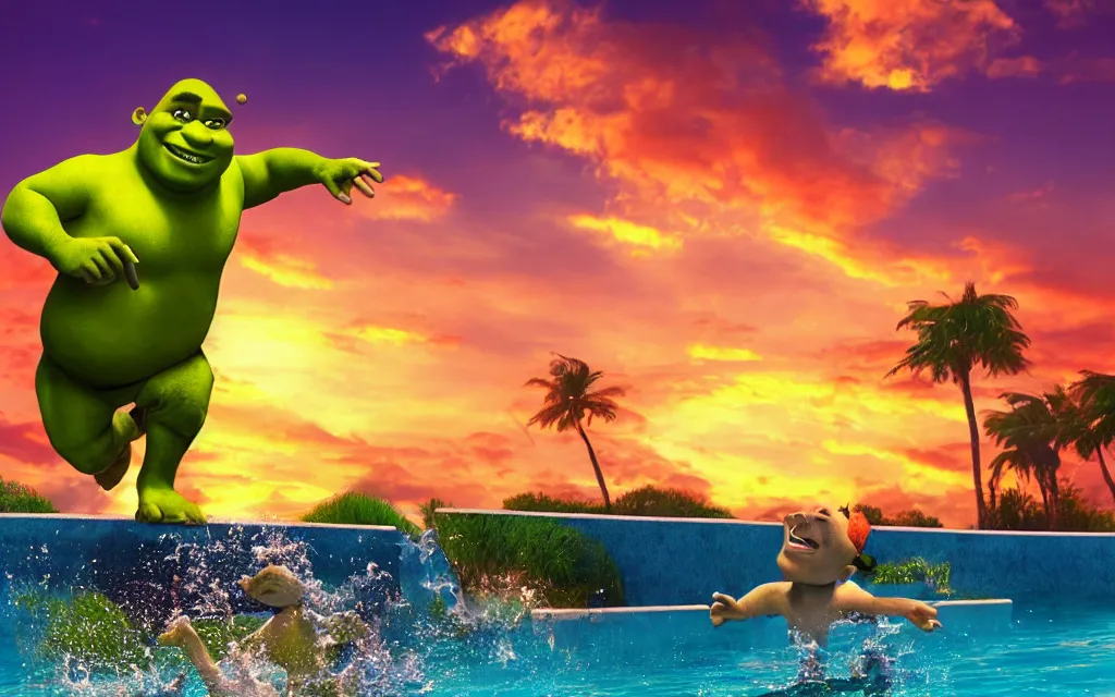 Prompt: A closeup photo Shrek taking running off a diving board into a giant pool, hold a beach towel. Sunset Scene. Beautiful Digital Art. 4K HD Wallpaper. Premium Prints Available