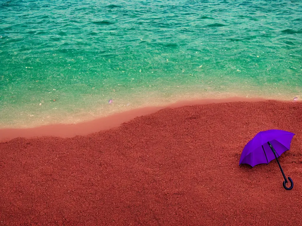 Image similar to purple umbrella, red sand beach, green ocean, nebula sunset