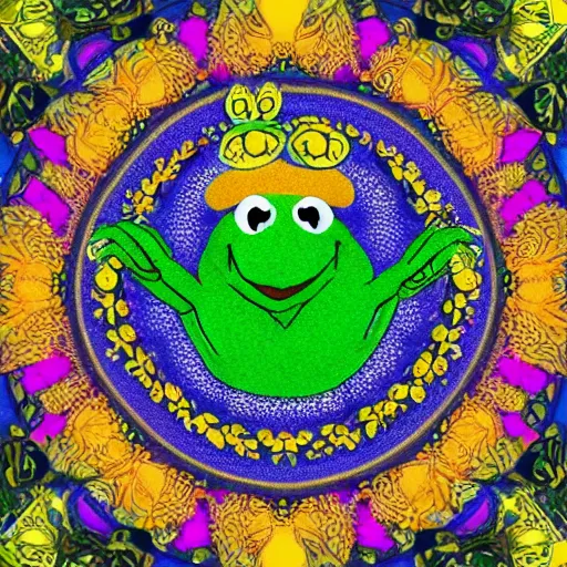 Image similar to kermit the frog mandala, high saturation, viberant