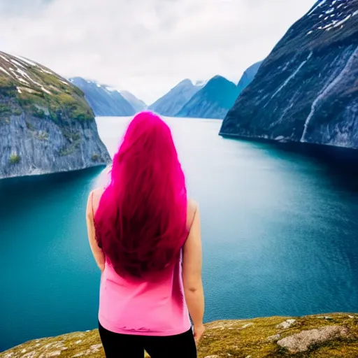 Prompt: a young woman with long pink hair looking at fjords, hiking clothes, tank top, backpack, norway, fjords in background, cinematic, beautiful, stunning, day time, epic, 8 k