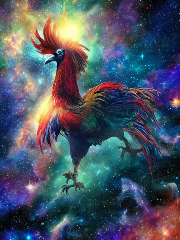 Image similar to a lone giant rooster, centered, floating in space, center of the universe, \ galaxy cosmic nebula, epic, volumetric light, hyperrealistic, glitter, mega detailed, beautiful composition, beautiful lighting, unreal render, 4 k, vincent di fate, john berkey, michael whelan