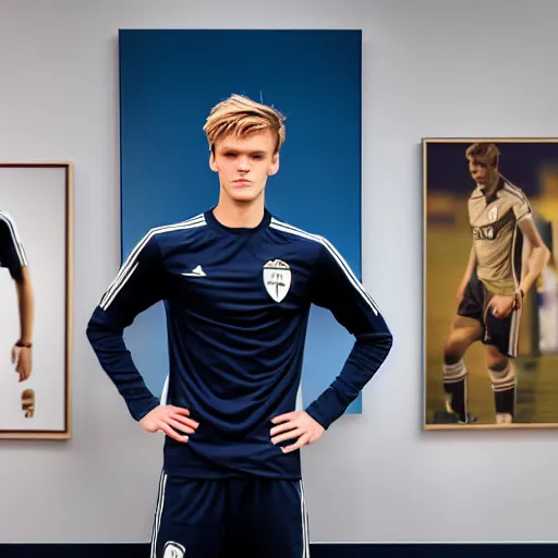 Image similar to a realistic detailed photo of a guy who is an attractive humanoid who is half robot and half humanoid, who is a male android, soccer player martin ødegaard, shiny skin, posing like a statue, blank stare, in a living room, on display, showing off his muscles