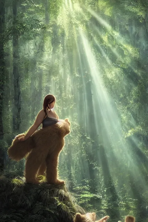 Image similar to mean fluffy teddybear protecting girl in a forest with rays of light coming through the canopy, masterpiece, dystopian, sci-fi, extremely detailed, digital painting, sculpted in zbrush, artstation, concept art, smooth, sharp focus, illustration, chiaroscuro lighting, golden ratio, incredible art, artgerm, greg rutkowski, alphonse mucha, simon stalenhag, carravaggio