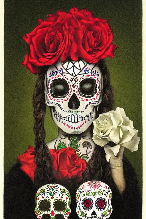 Prompt: illustration of a sugar skull day of the dead girl, art by michael sowa