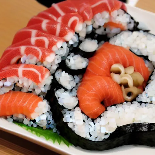 Prompt: an octopus gleefully transforms himself into sushi and sashimi