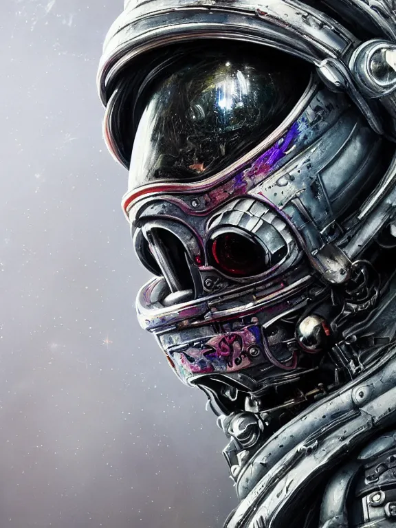 Prompt: portrait art of 8k ultra realistic retro futuristic zombie astronaut , galaxy reflected helmet , detailed intricate ornate armour,blade runner, cybernetic, full of colour, cinematic lighting, battered, trending on artstation, 4k, hyperrealistic, focused, extreme details,unreal engine 5, cinematic, masterpiece, art by ayami kojima, giger