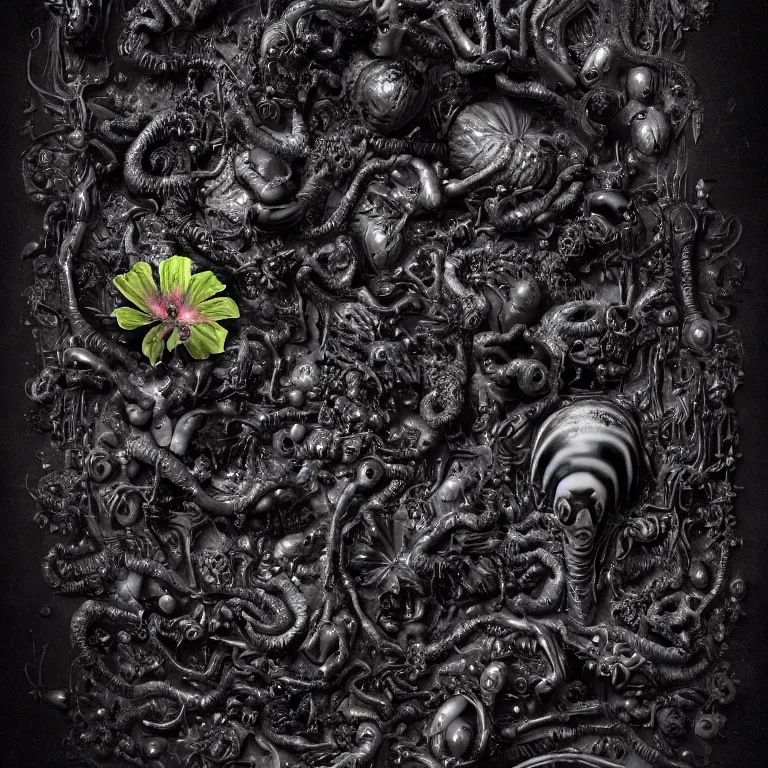 Image similar to still life of surreal alien black tropical flowers, rotten moldy black mold, dripping black paint, surreal alien ribbed black tropical fruit, black human spine, black background, all matte black everything baroque painting, beautiful detailed intricate insanely detailed octane render, 8K artistic photography, trending on Artstation, photorealistic, chiaroscuro, Raphael, Caravaggio