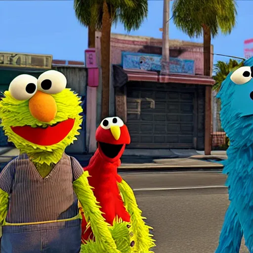 Image similar to sesame street characters in grand theft auto v