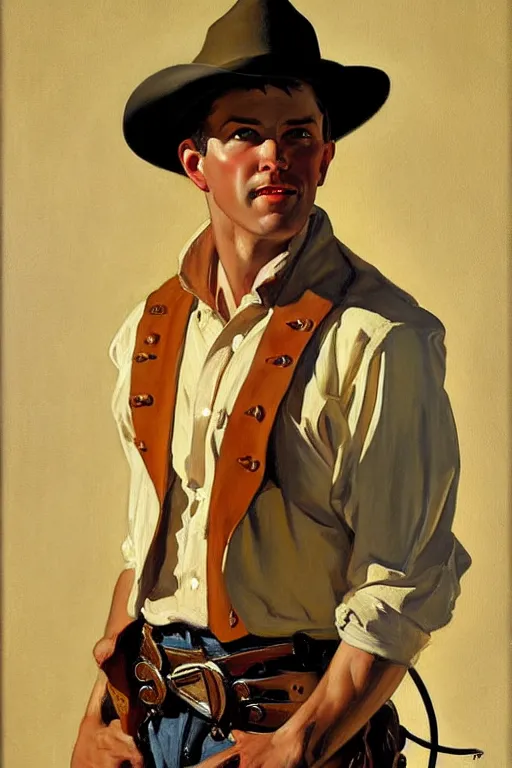 Image similar to attractive cowboy, painting by mark maggiori, j. c. leyendecker
