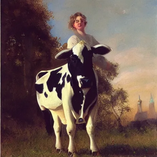 Image similar to painting by zorn, cow wearing!!! clothes!!! standing next to royal castle!!