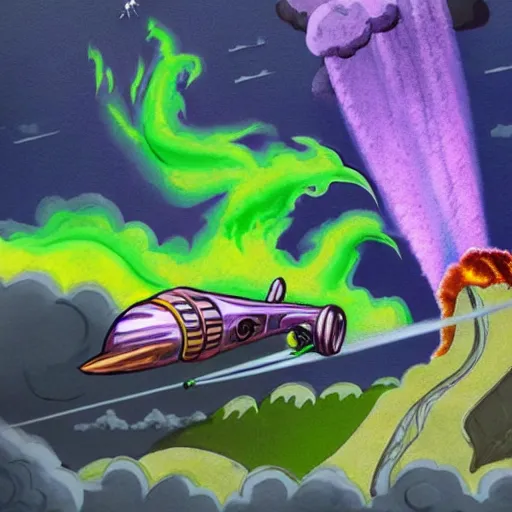 Prompt: a purple dragon blowing green fire fighting a retro spaceship with a volcano in the background, concept art by ken steacy