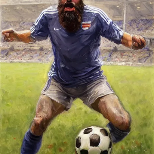 Image similar to a soccer player at a game, angry, bearded, mediterranean features, fantasy character full body portrait by Michael Garmash, Donato Giancola