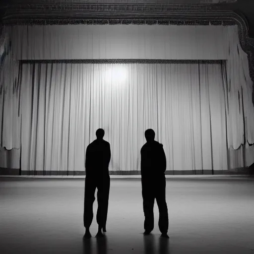 Image similar to Two male silhouettes on a gigantic abandoned theatre stage, polaroid picture with film grain, black-and-white, bright, vignette, 4k, vague, wide-angle lens