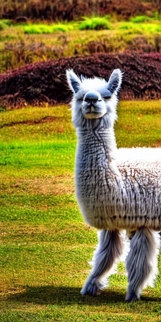 Prompt: a dlsr canon shot of a furry llama - colors full body, centralized, colored fur, vibrant ultrareal, zeiss lens, full body, centralized, colored fur, vibrant colors, hdr, photorealistic, ultrareal, zeiss lens, depth of field