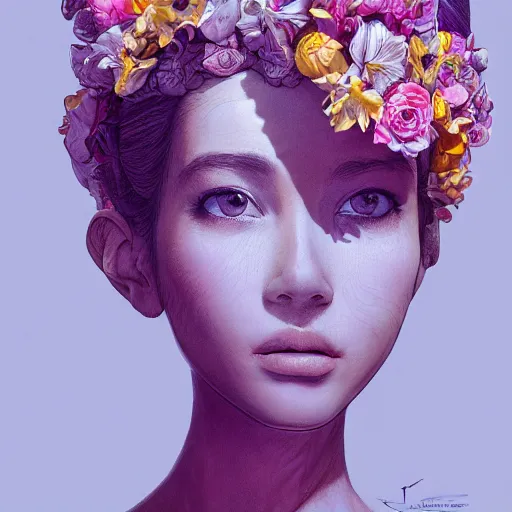 Image similar to the portrait of an absurdly beautiful, graceful, elegant, and perky young woman made of bananas and petals, an ultrafine detailed illustration by kim jung gi, irakli nadar, intricate linework, bright colors, octopath traveler, final fantasy, angular, unreal engine 5 highly rendered, global illumination, radiant light, detailed and intricate environment