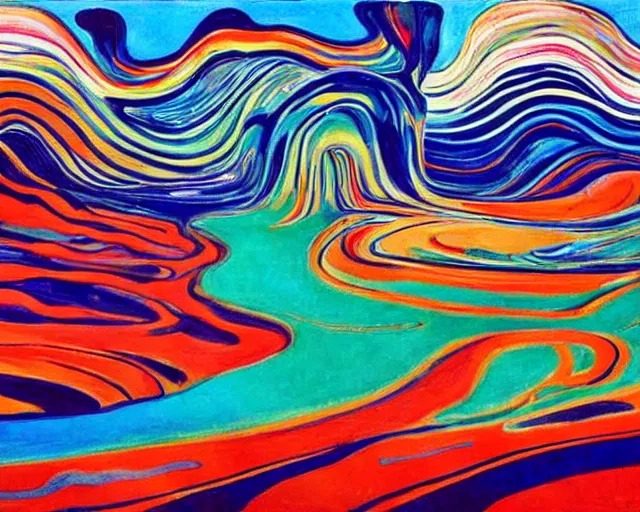 Image similar to A wild, insane, modernist landscape painting. Wild energy patterns rippling in all directions. Curves, organic, zig-zags. Saturated color. LSD. DMT. Mountains. Clouds. Rushing water. Sci-fi dreamworld. Wayne Thiebaud. Edvard Munch landscape.