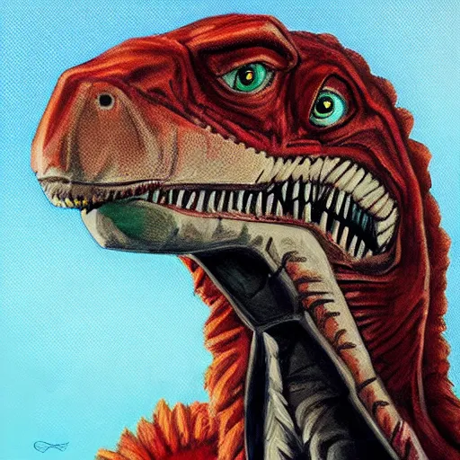 Image similar to dwayne the rock as a velociraptor dinosaur in miami, portrait painting