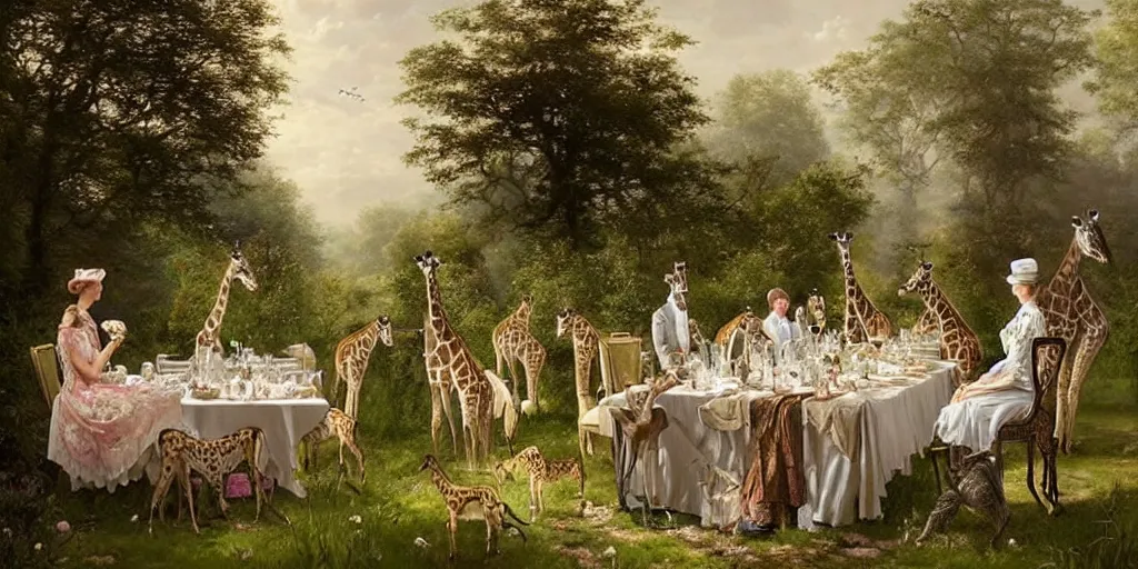 Image similar to elegant victorian tea party with giraffes in an english summer garden patio, hyper realistic greg rutkowski - h 7 6 8