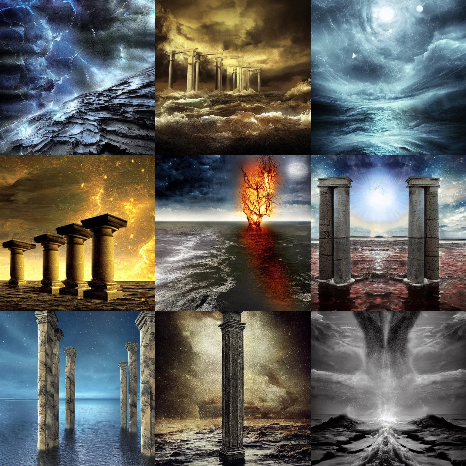 Prompt: pillars supporting sky crumble, sun moon the stars pour down, rivers and oceans rush where the earth sinks, great conflagration quenched by raging flood, epic, digital art, downfall, apocalypse