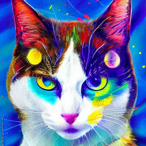 Image similar to portrait of cyberpunk cat, colorful, splatters, by ute osterwalder