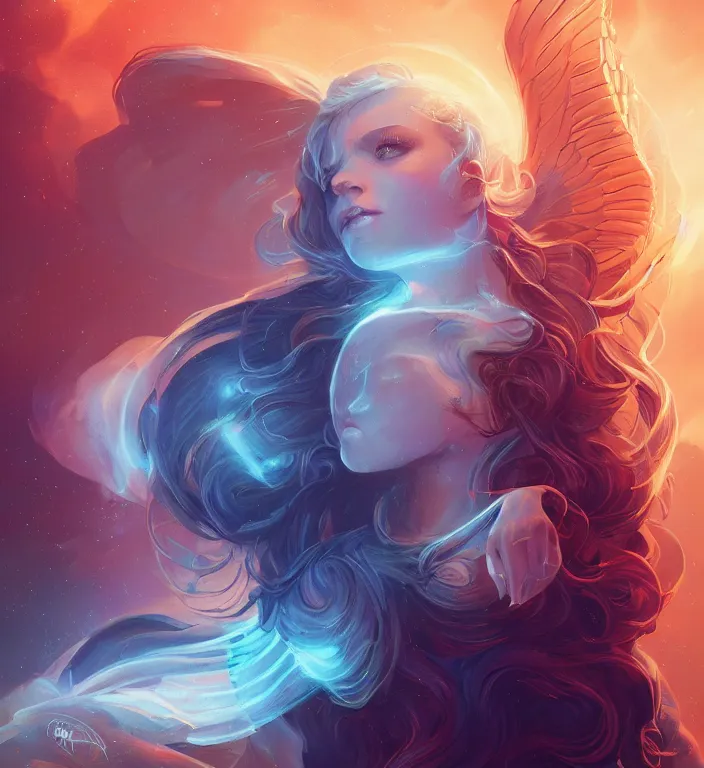 Image similar to centered waist up portrait photography an angel + glowing outlines, dissolve to energy particles of light + bokeh + strong DOF + 8k, photorealistic + composition by Peter Mohrbacher + line work by Dan Mumford , ultra realistic + backlit + strong rimlight, sunset + HDRI, HD, Photoreal