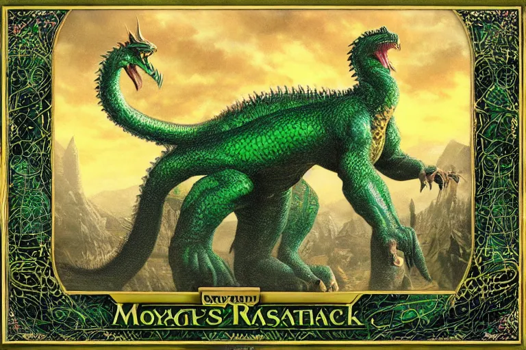 Image similar to a giant monster royal basilisk, gold green creature, magic : the gathering