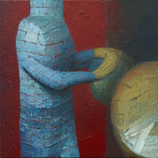 Prompt: an impasto painting by shaun tan of an abstract sculpture by the caretaker and ivan seal