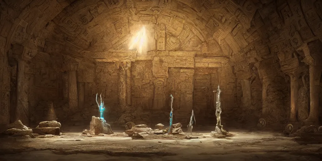 Image similar to fantasy movie scene greg rutkowski digital painting of an ornate and royal egyptian antechamber tomb with a old twisted wooden staff weapon with a blue crystal at it's tip laying on a stone altar, unreal engine, hyper realism, realistic shading, cinematic composition, blender render, octane render, hdr, detailed textures, photorealistic, ultrawide shot, 3 5 mm film