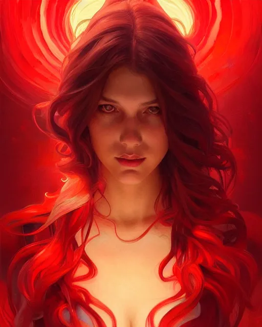 Image similar to emily rajtkowski, lake, red, flames everywhere!!!!!!!!!!!, highly detailed, digital painting, artstation, concept art, smooth, sharp focus, illustration, art by artgerm and greg rutkowski and alphonse mucha