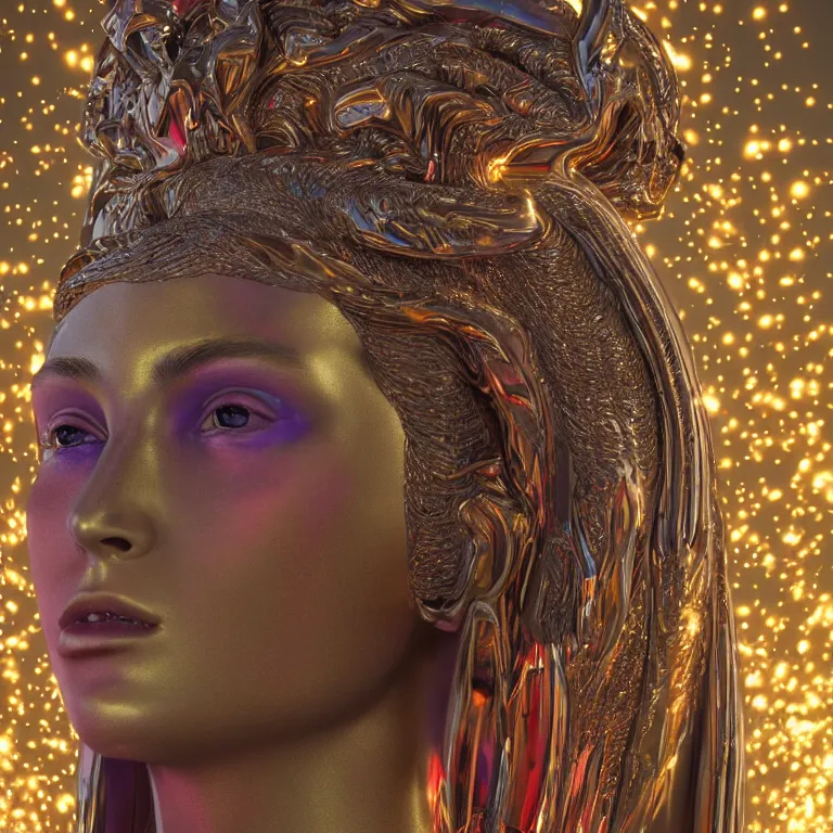 Image similar to octane render portrait by wayne barlow and carlo crivelli and glenn fabry, an incredibly realistic shiny reflective high - end colorful statue of a roman goddess made out of pored resin surrounded by flying colorful sparks, cinema 4 d, ray traced lighting, very short depth of field, bokeh