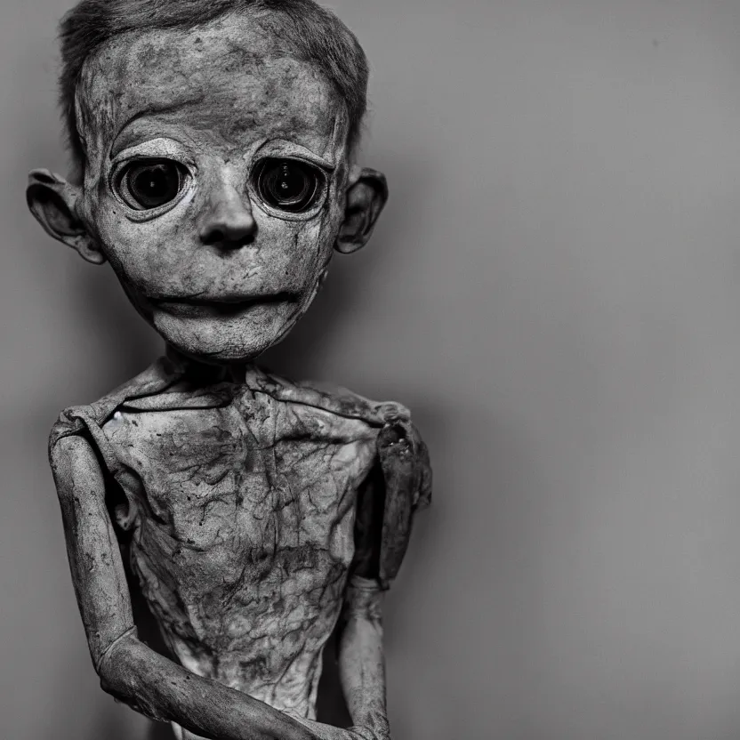 Prompt: creepy ventriloqiest dummy in the style of Roger Ballen, 4k, bw, portrait