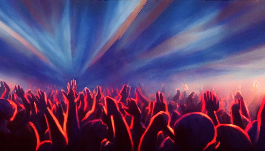 Prompt: painting of a crowd with raised arms pointing towards a glowing sky, volumetric lighting, nasty, hyperdetailed, realistic