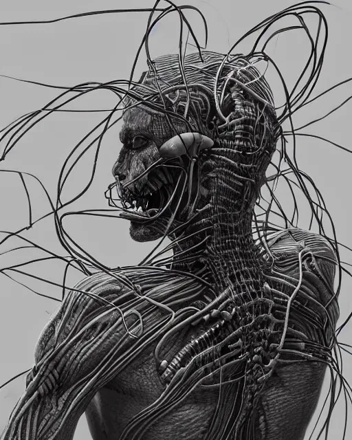 Prompt: a soldier writhing in pain with wires and cables bursting out of their right arm in the style of h. r. giger / david cronenberg / zdzisław beksinski trending on artstation deviantart pinterest hyper detailed photorealistic highlights and shadow hd 8 k post - processing high resolution