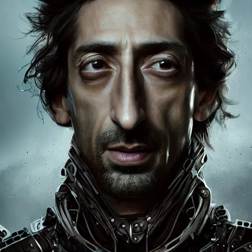 Prompt: adrien brody portrait, dystopia core, apocalyptic, armor, warrior, dramatic, sharp focus, fiction, neon, fantasy, hyper detailed, digital art, trending in artstation, cinematic lighting, studio quality, smooth render, unreal engine 5 rendered, octane rendered, art style and nixeu and wlop and krenz cushart