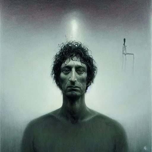 Image similar to a portrait of neil gaiman, painted by zdzislaw beksinski