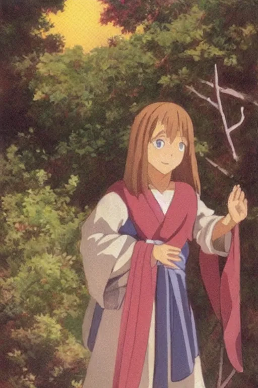 Image similar to jesus as a little happy anime girl, painting by warner sallman,