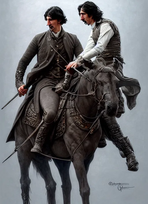 Image similar to painting of john oliver and adam driver together, riding horse, stoic, full body, military uniform, fantasy, intricate, elegant, beautiful, highly detailed, charcoal, centered, dark, smokey, digital painting, artstation, concept art, smooth, sharp focus, illustration, art by artgerm, art by greg rutkowski, art by alphonse mucha